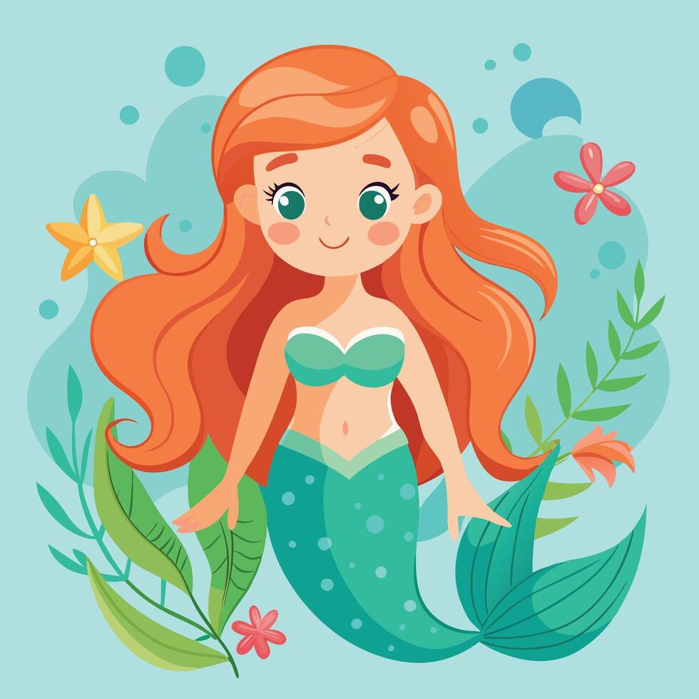 Mermaid with long red hair and green tail vector