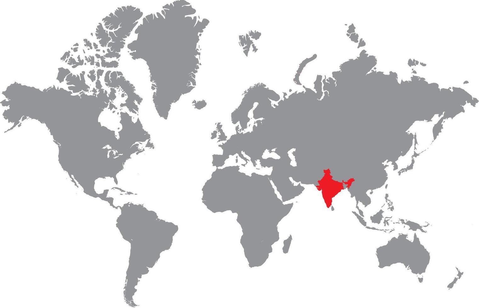 Illustration of India map highlighted in red color on grey world map on white background vector