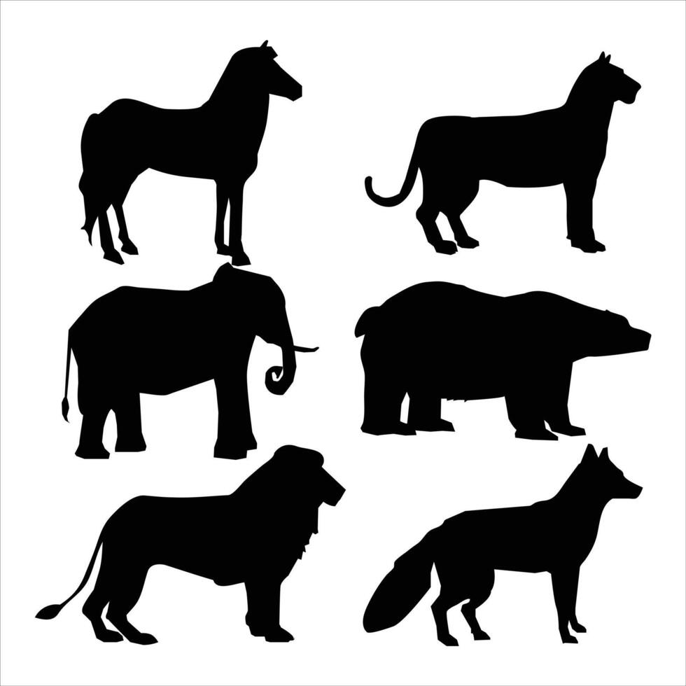 Animal silhouette icon set is isolated on a white background.horse,tiger,elephant,bear,horse,fox silhouette. vector