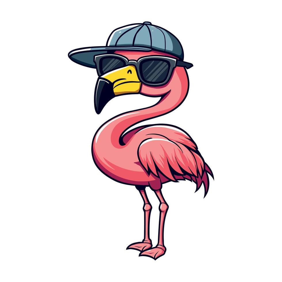 cool and chill flamingo with a backward baseball cap and dark sunglasses looking effortlessly cool appearance giving off beach vibes vector