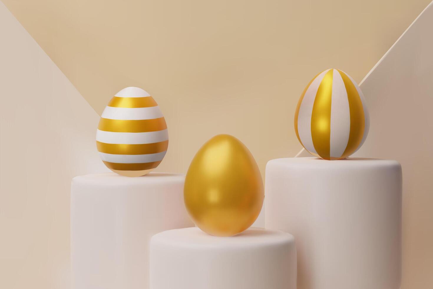 3d render easter three gold podium, egg banner. Three-dimensional illustration. Greeting poster for celebration, springtime holiday, kids hunt or design for sale advertising. Modern template vector