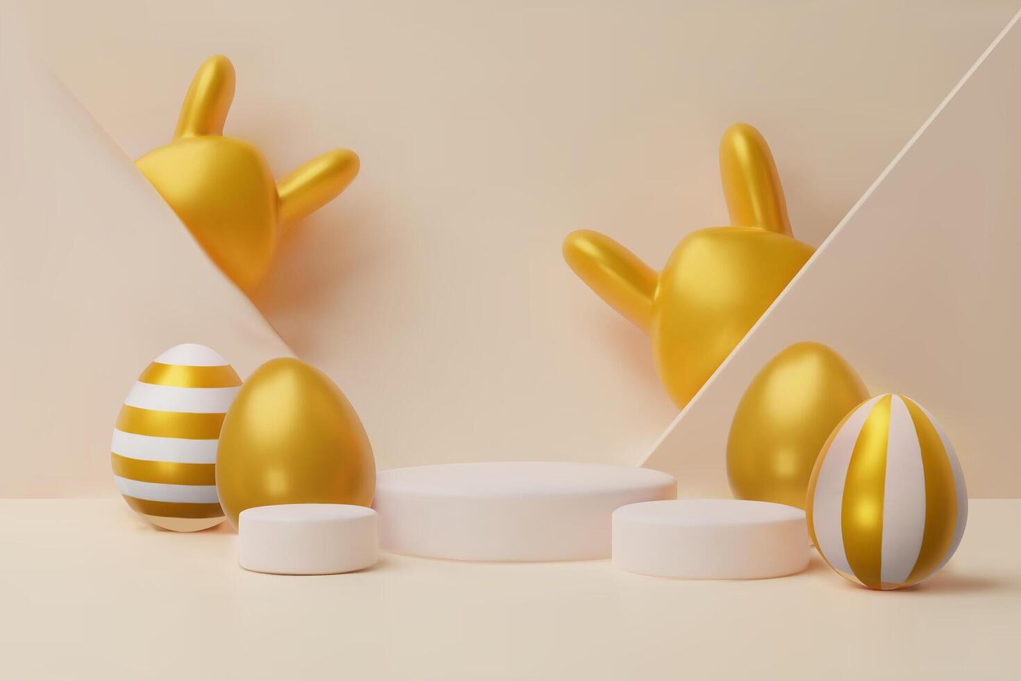 3d render easter gold podium, egg bunny banner. Three-dimensional illustration. Greeting poster for celebration, springtime holiday, kids hunt or design for sale advertising. Modern template vector