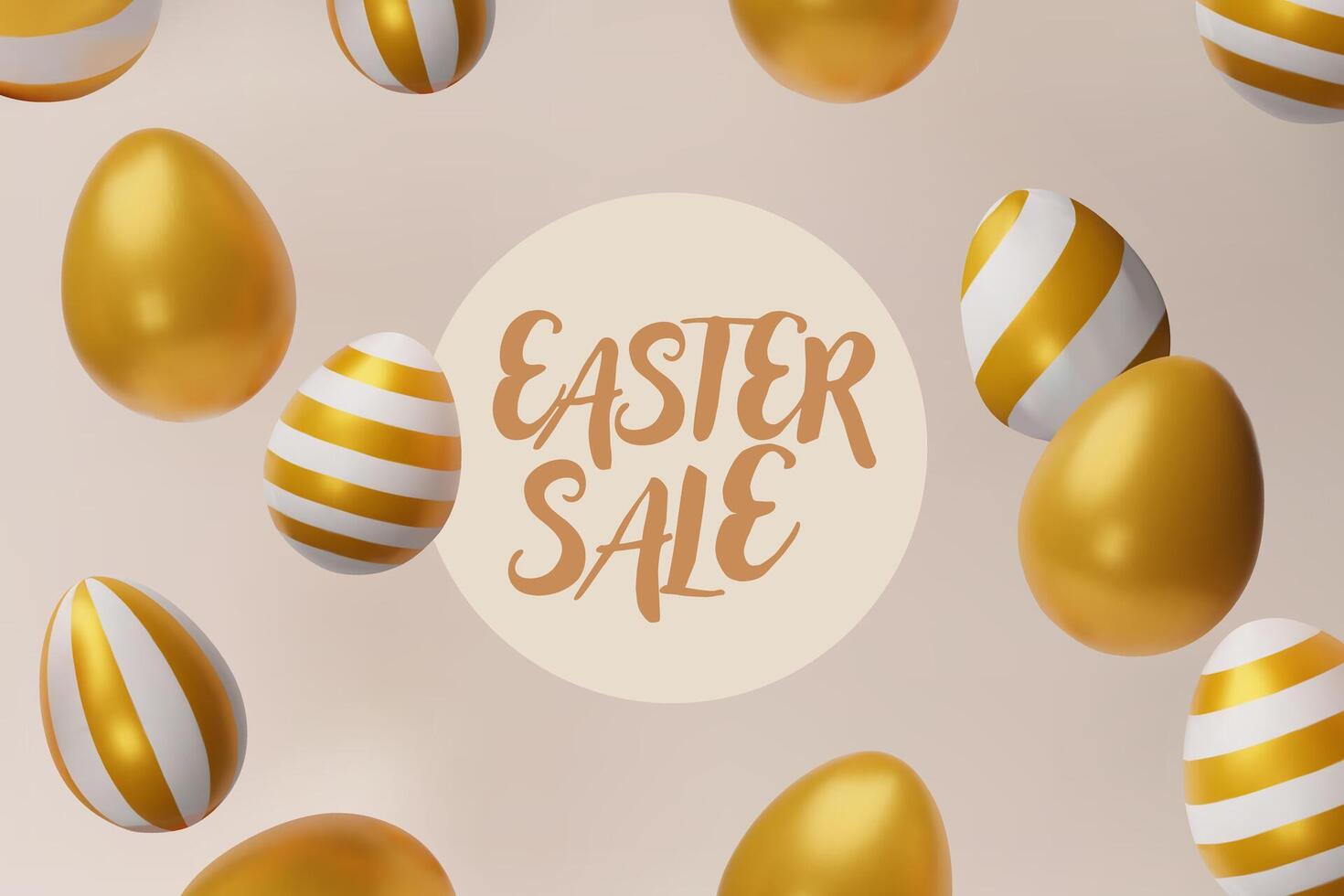 3d render falling easter gold egg banner frame. Three-dimensional illustration. Greeting poster for celebration, springtime holiday, kids hunt or design for sale advertising. Modern template vector