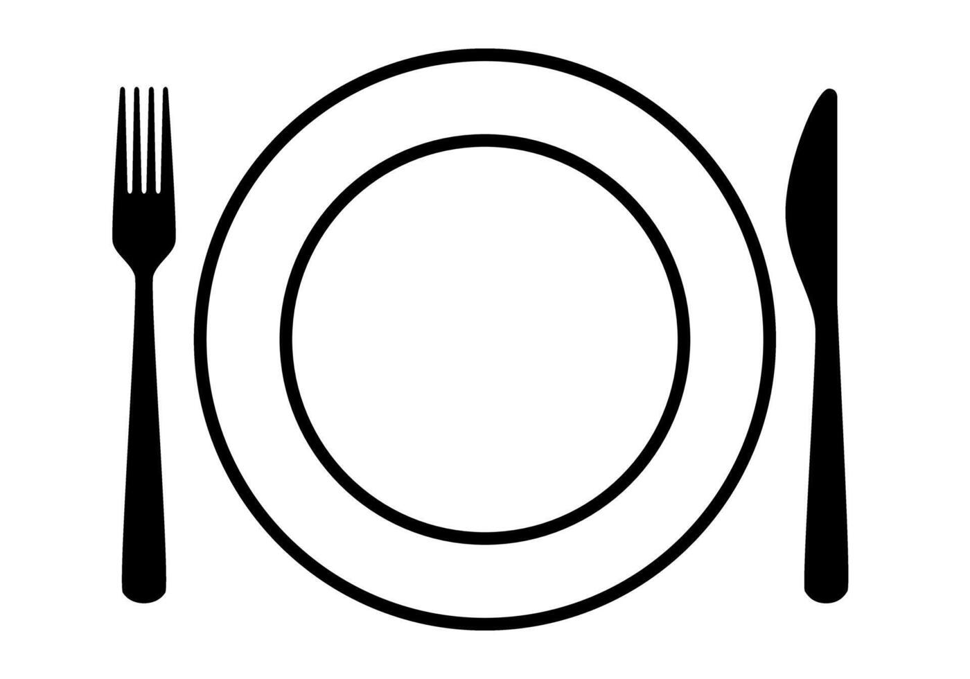 place setting cutlery - fork, knife, and plate silhouette shape, black and white illustration, white background vector
