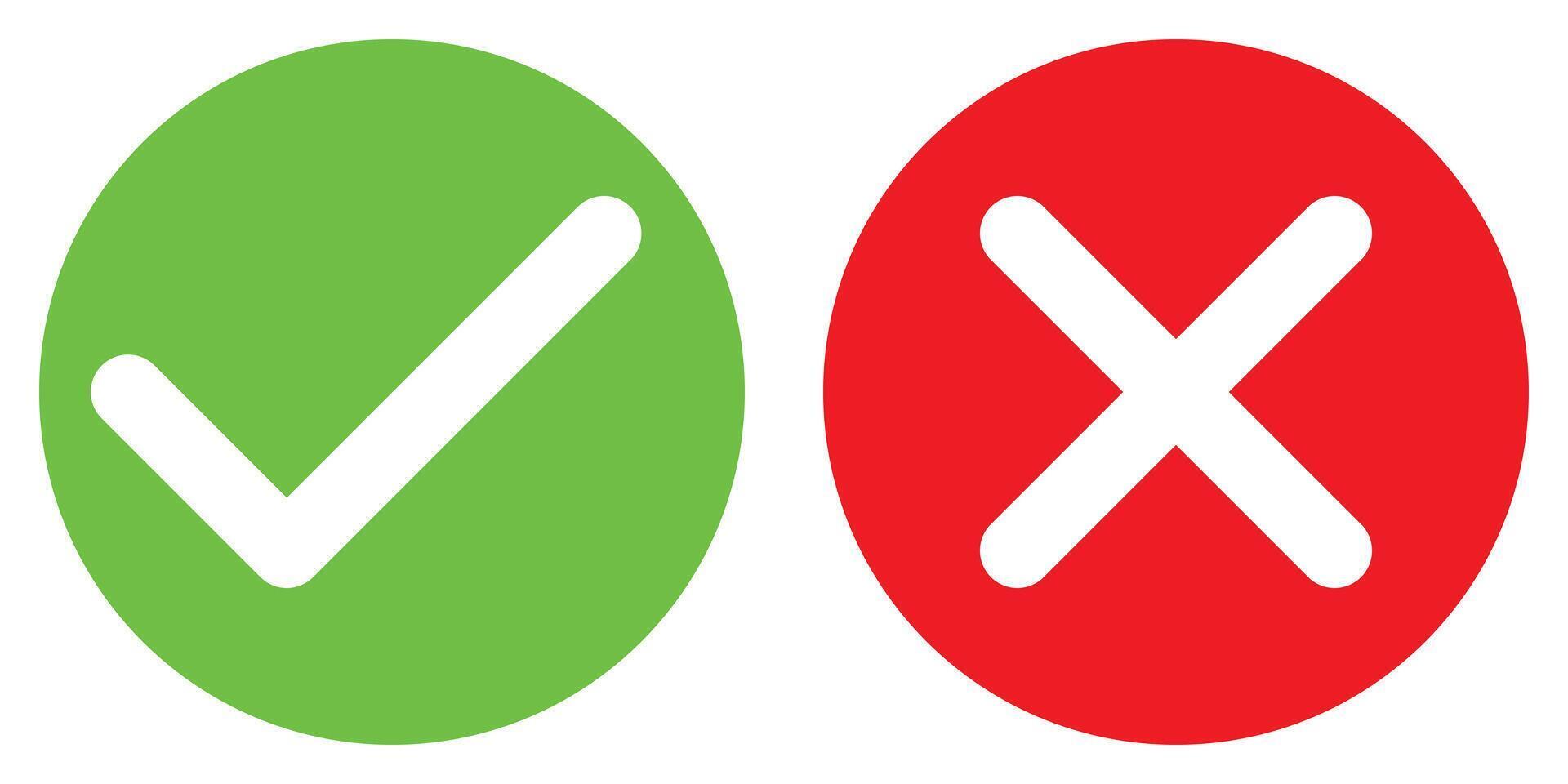 green tick and red x in circle, OK check mark and X cross icon symbol, illustration isolated on a white background vector
