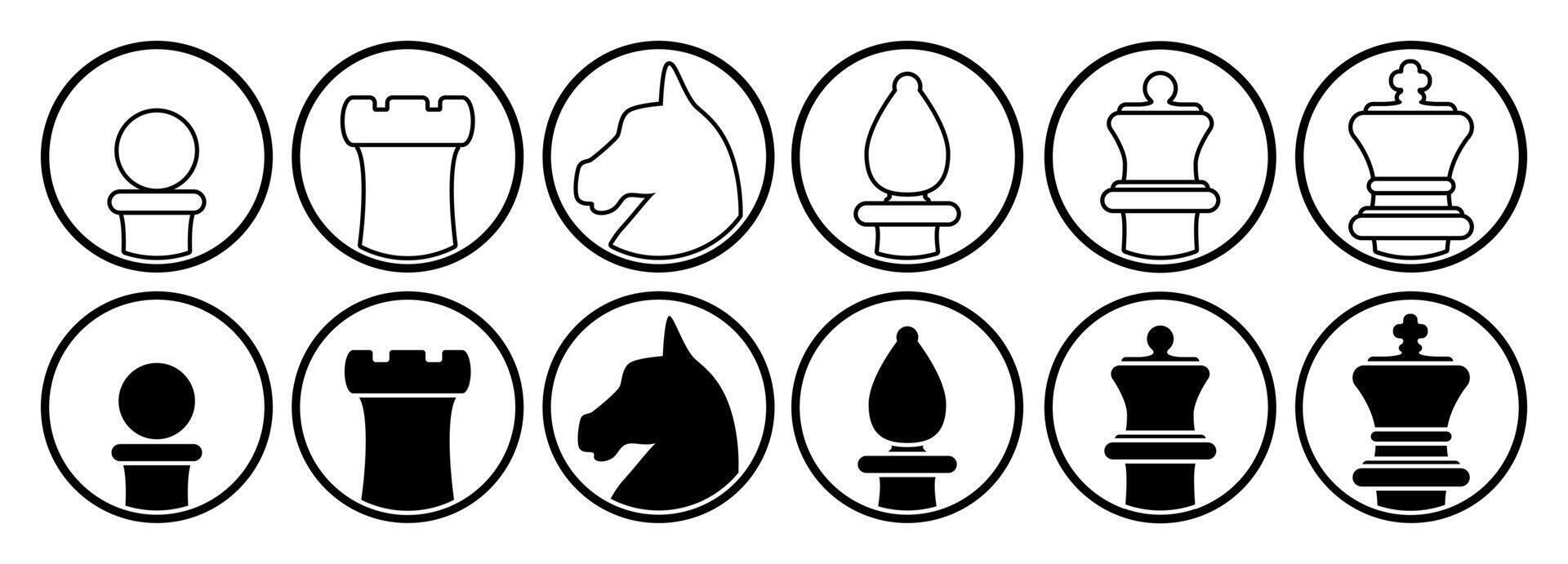 Chess piece, set of black and white silhouette illustration of chess pieces shape in circle pawn rook knight bishop queen king, isolated on white background vector