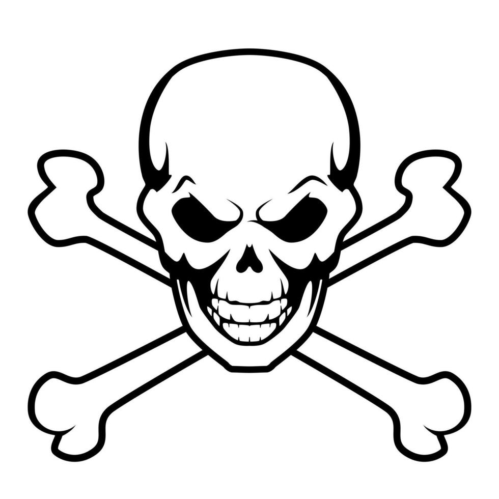 skull and crossbones, black and white tattoo illustration of human skull with crossed bones, isolated on white background vector