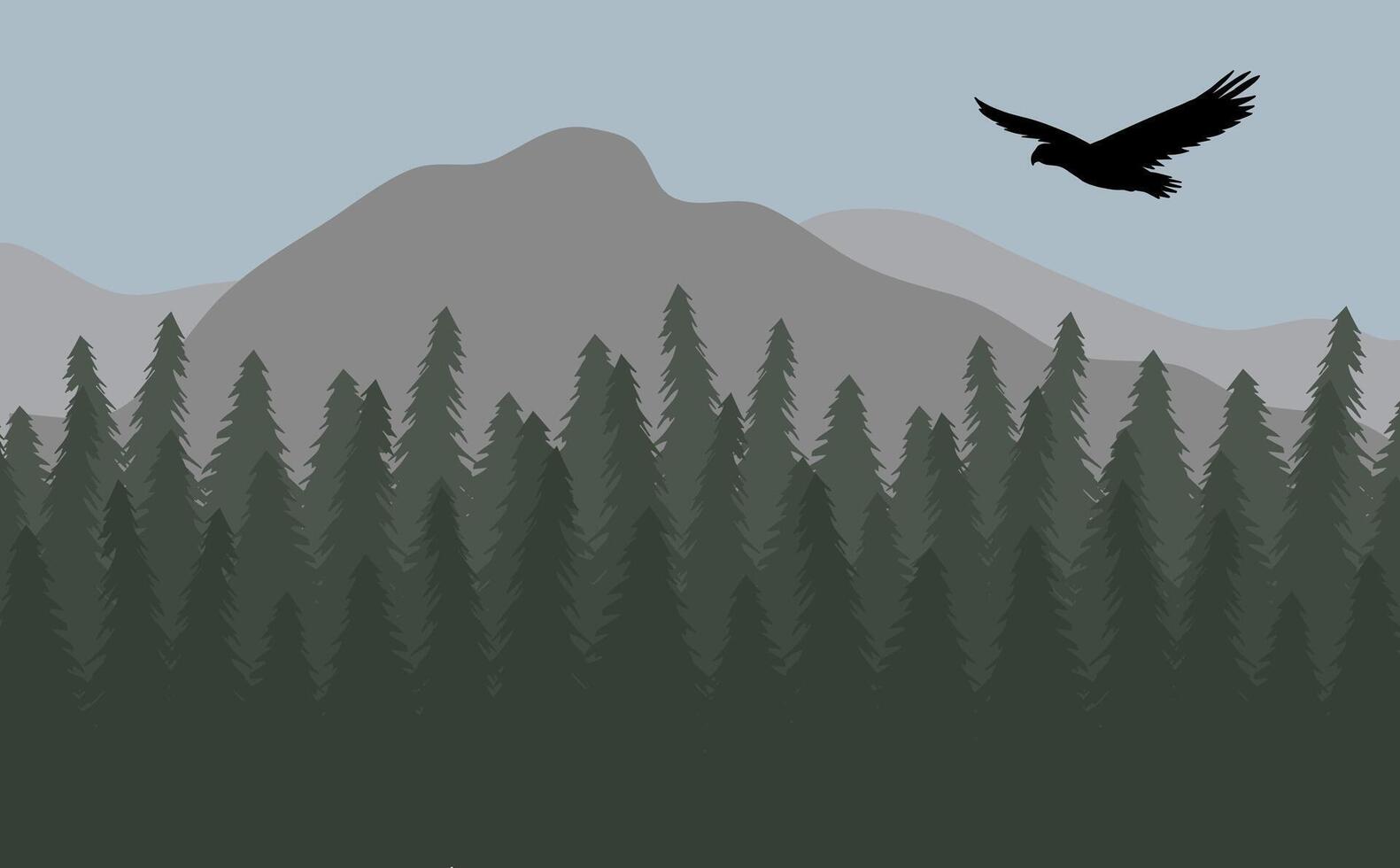 Eagle silhouette isolated on flat cartoon landscape with spruce tree forest and mountains vector