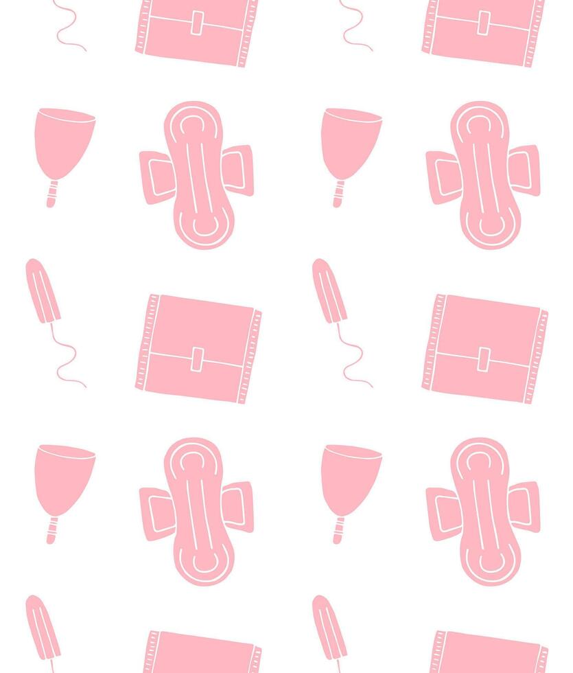 Seamless pattern of hand drawn doodle sketch menstrual pad tampon and cup vector