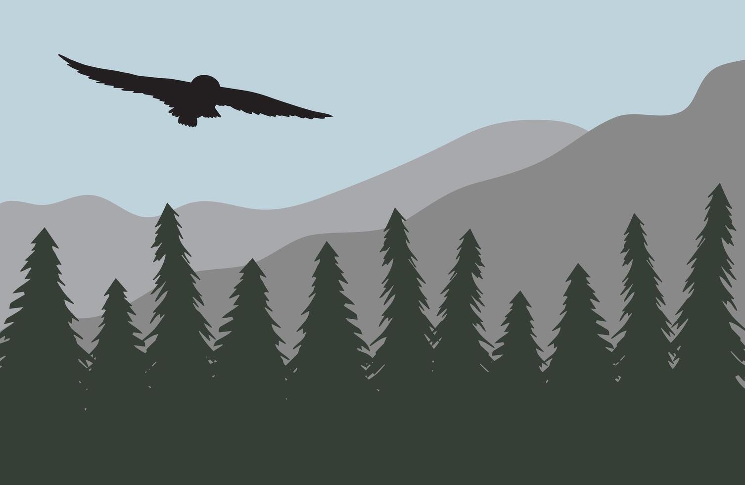 Owl silhouette isolated on colored flat cartoon landscape with spruce tree forest and mountain vector