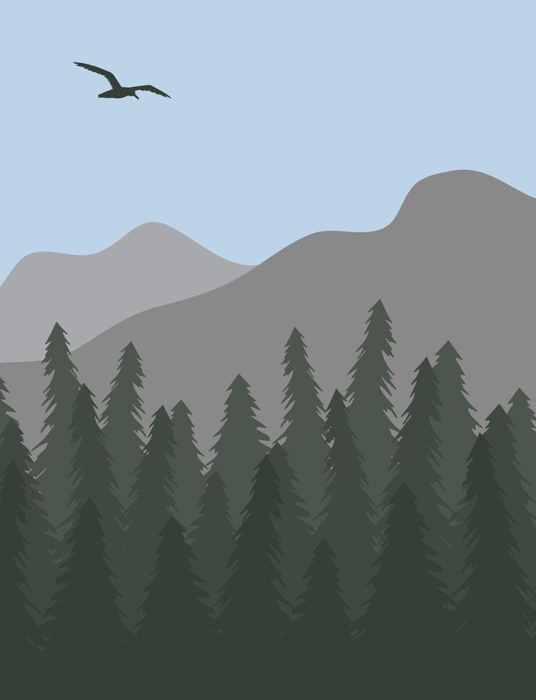 Bird silhouette isolated on colored flat cartoon landscape with spruce tree forest and mountain vector