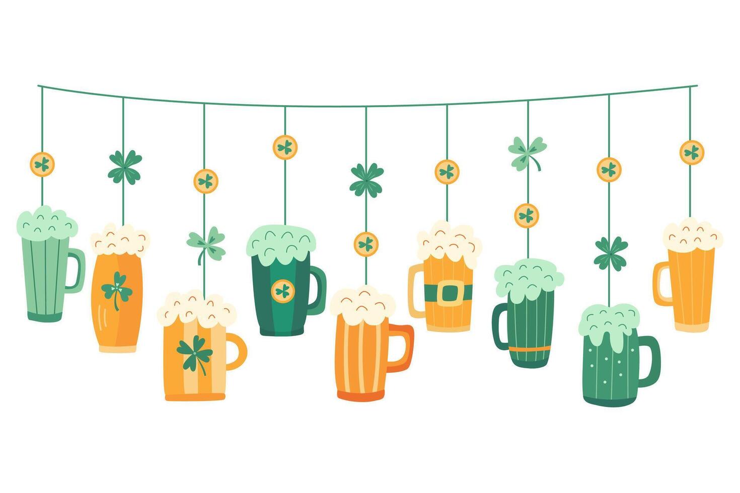 Hand drawn St. Patricks Day garland with beer mugs, shamrocks. Great for greeting cards, posters, and decorations vector