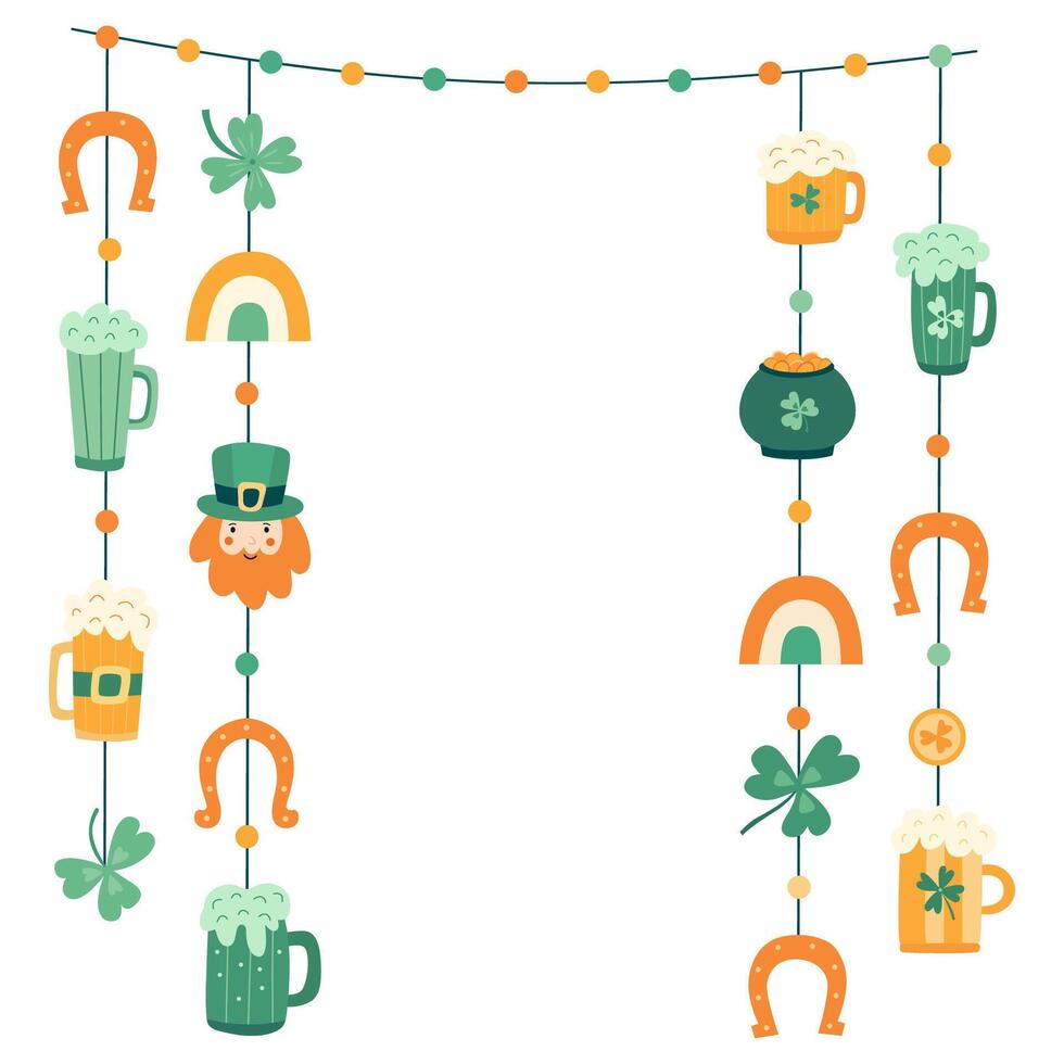 Hand drawn set of St. Patricks Day garlands with beer mugs, shamrocks, and horseshoes. Great for party decorations, greeting cards, posters and invitations vector