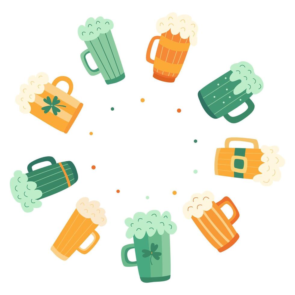 Hand drawn illustration with beer mugs, shamrocks with fun celebratory mood. Perfect for greeting cards, posters for St. Patricks day vector