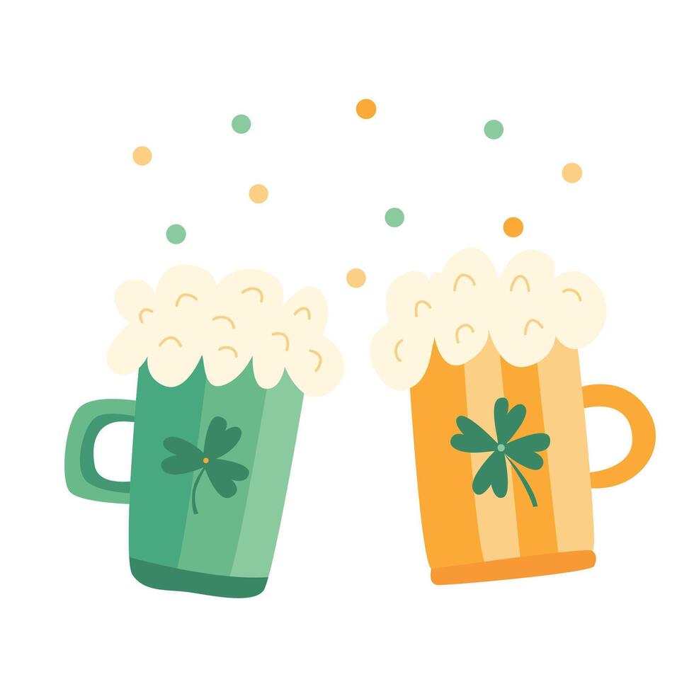 Hand drawn illustration with two beer mugs. Perfect for St Patricks day greeting cards, posters, holiday decorations vector