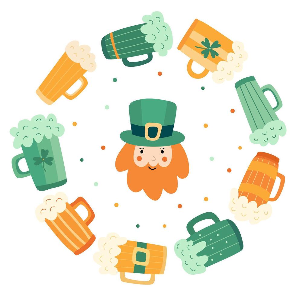 Hand drawn circle composition, illustration with beer mugs, leprechaun with party vibe. Perfect for greeting cards, posters for St. Patricks day vector
