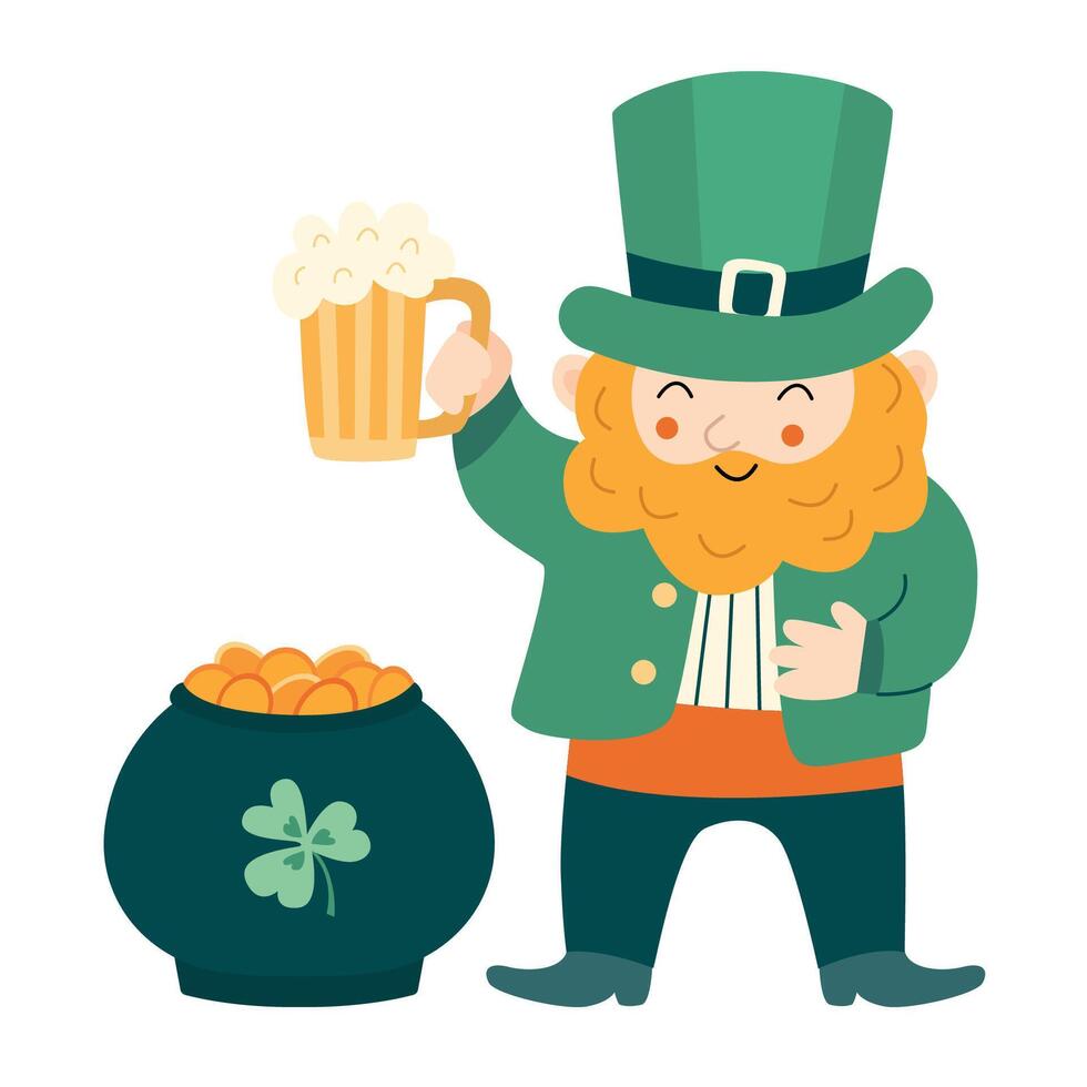 Hand drawn illustration with a cheerful leprechaun, beer mug, pot of gold, and festive lettering. Perfect for greeting cards, posters for Saint Patricks day vector