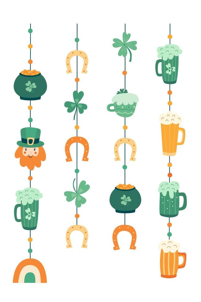 Hand drawn vertical St. Patricks Day garlands with beer mugs, shamrocks, horseshoes, leprechaun, pots of gold, and festive decorations. Perfect for party decor, greeting cards, posters and invitation vector
