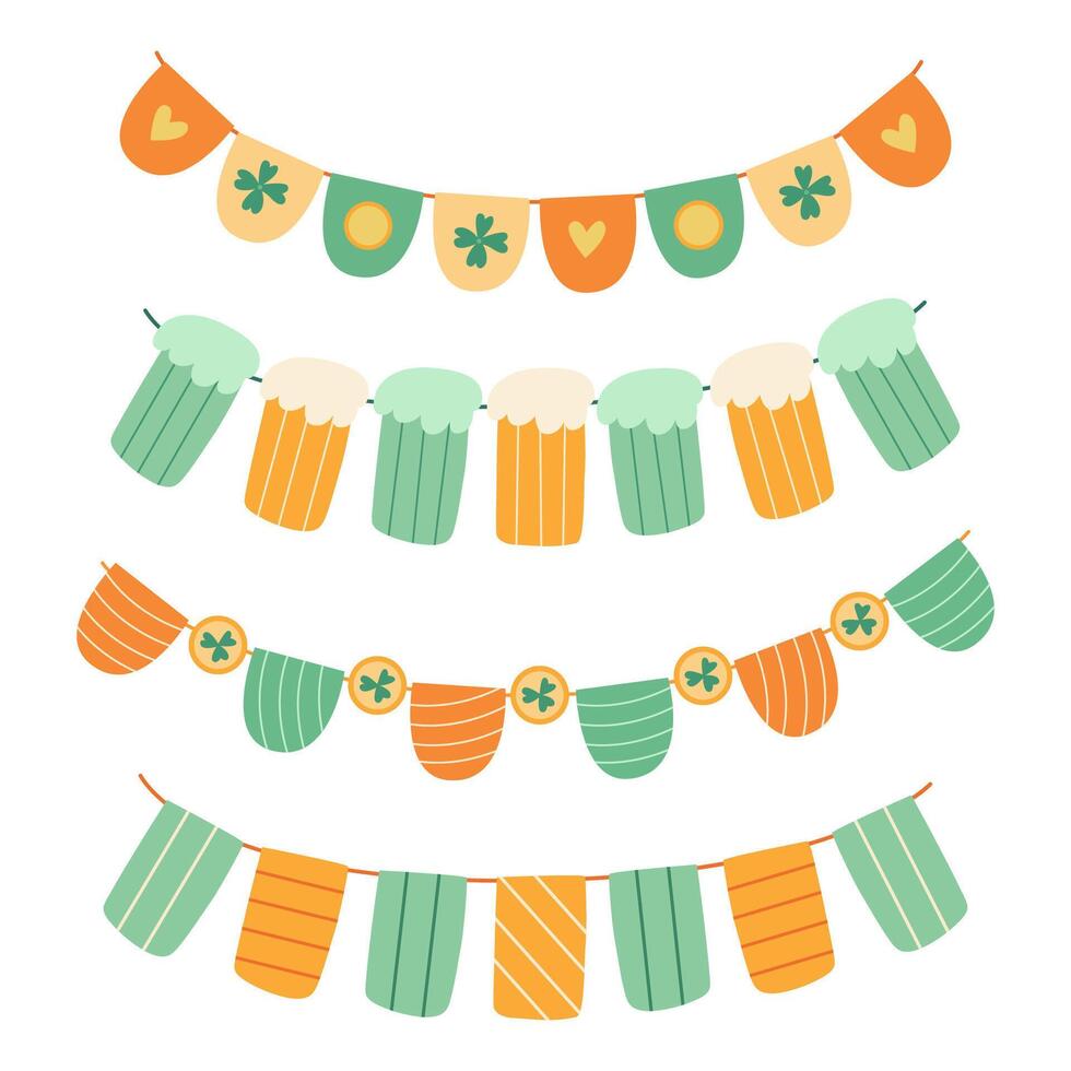 Hand drawn set of St. Patricks Day garlands with shamrocks, beer mugs, gold coins, and festive banners. Great for party decorations, greeting cards, posters, and invitations vector