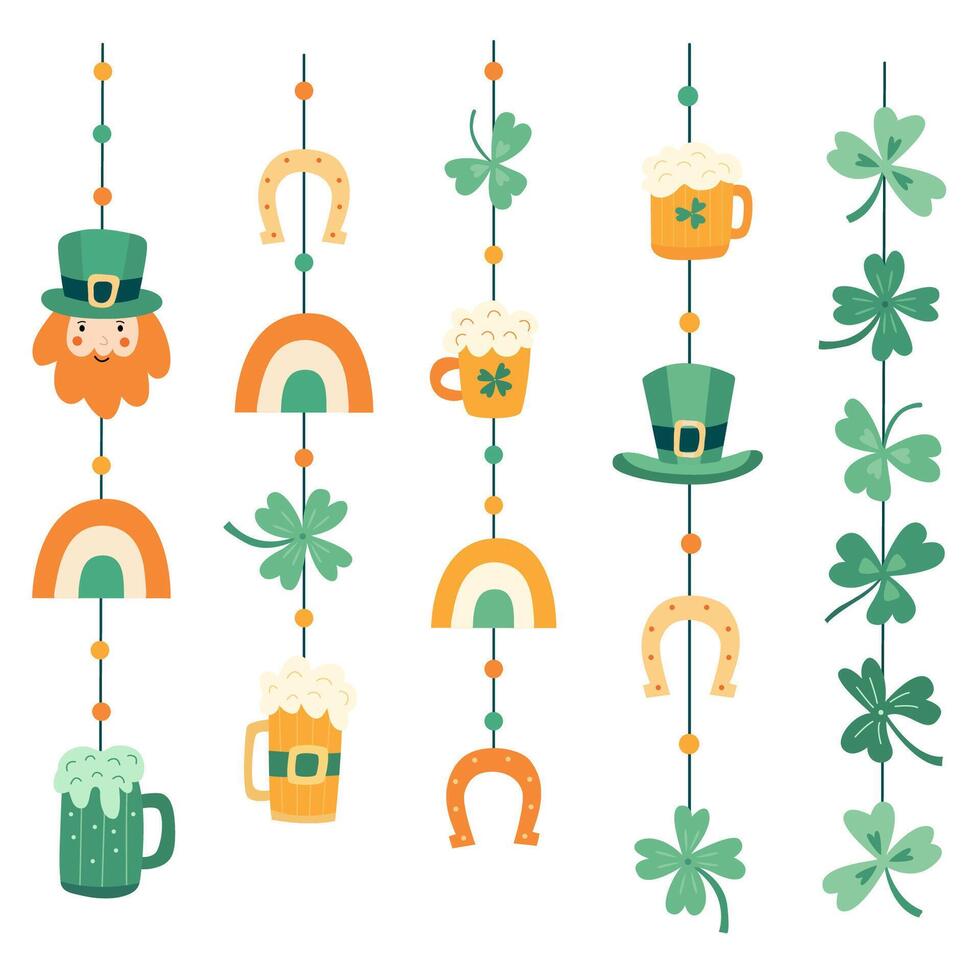 Hand drawn St. Patricks Day garlands with leprechaun, beer mugs, shamrocks, rainbows, horseshoes, and festive decorations. Great for party decor, greeting cards, posters and invitations vector