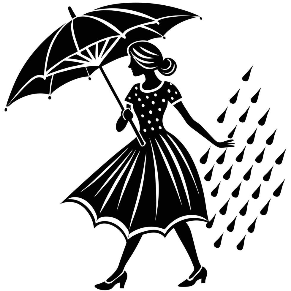A woman walking under an umbrella with raindrops vector