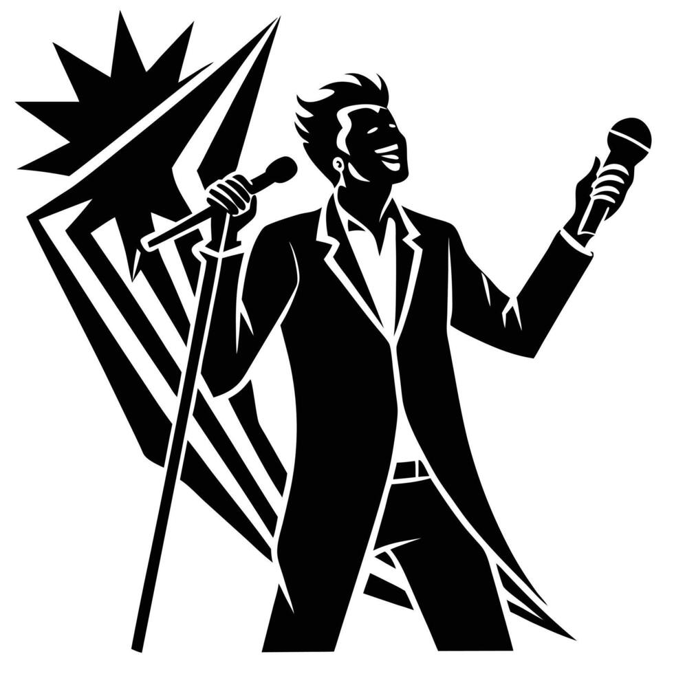 A man in a suit holding a microphone and singing vector