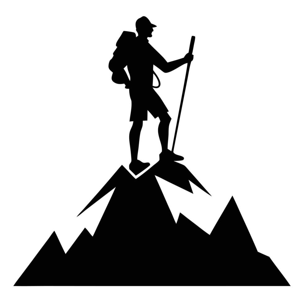 Hiker on top of mountain silhouette vector