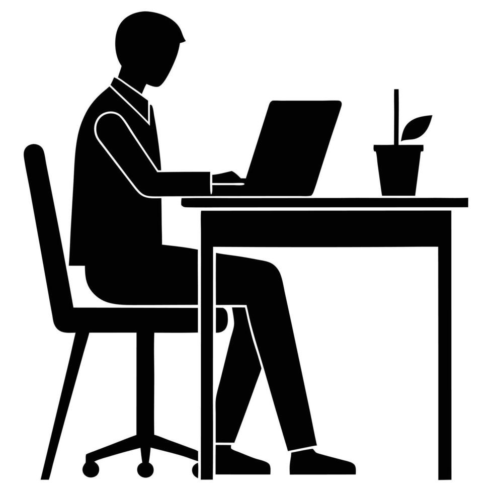 A silhouette of a man sitting at a desk with a laptop vector