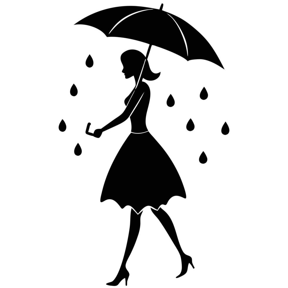 Silhouette of a woman walking with an umbrella vector