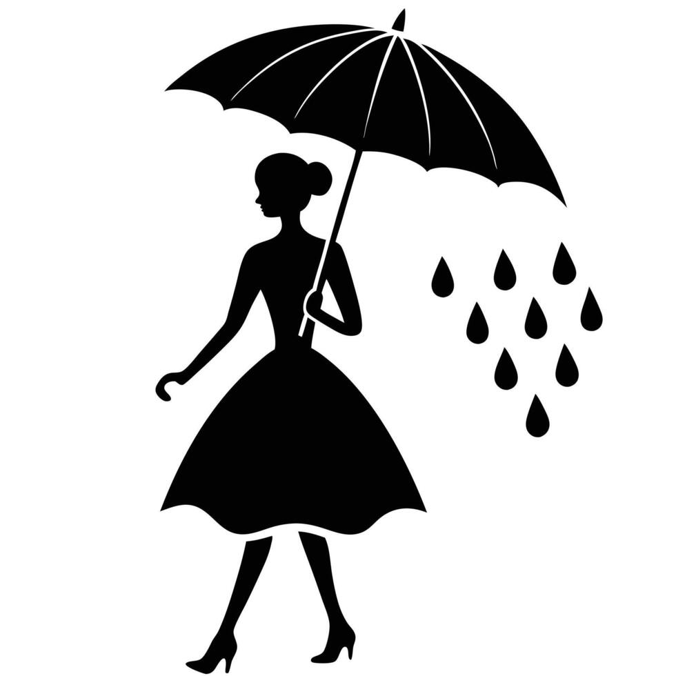 Silhouette of a woman walking with an umbrella vector