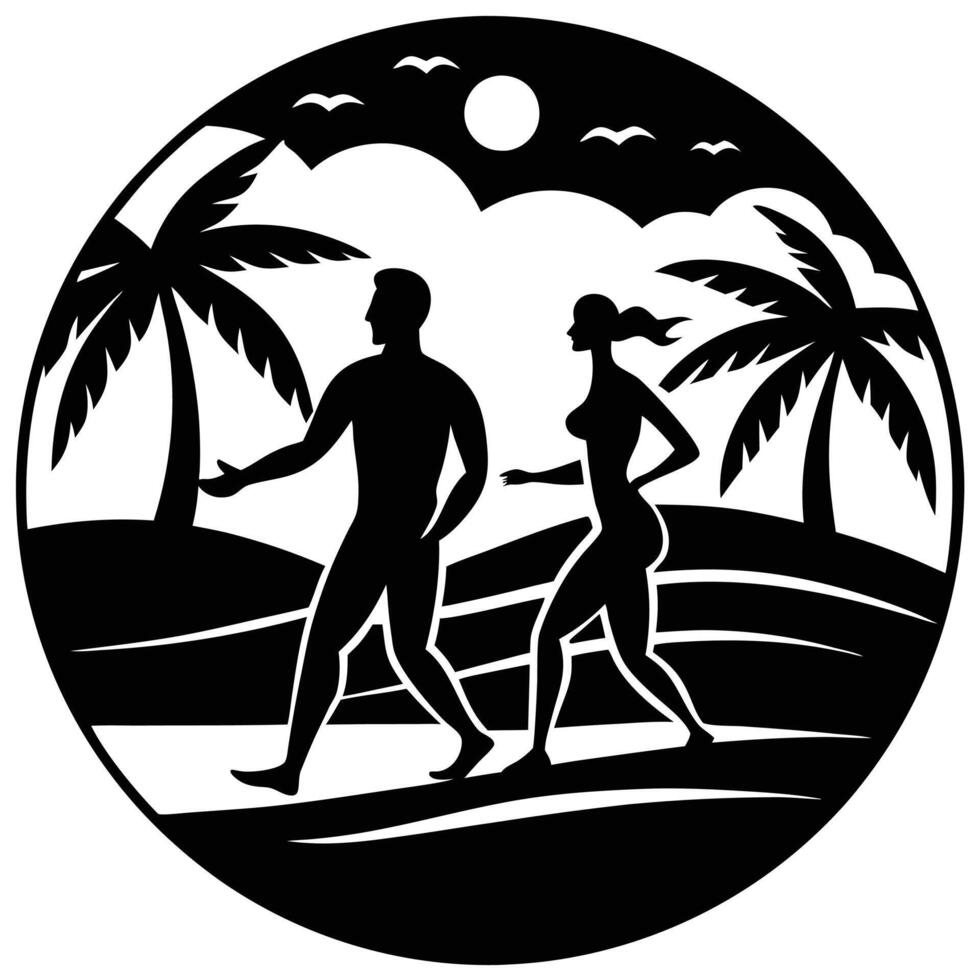 A man and woman walking on the beach vector