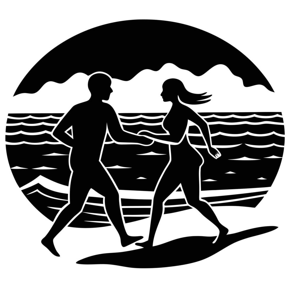 A man and woman running on the beach vector