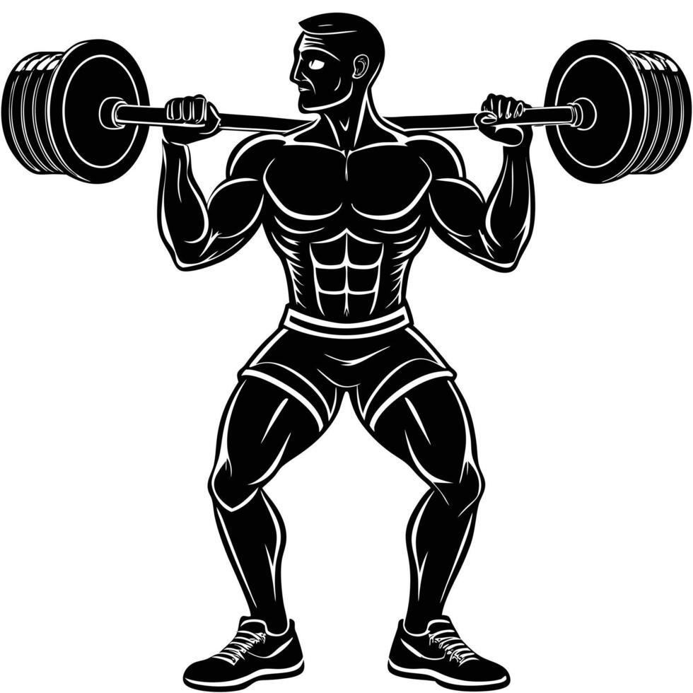A black and white silhouette of a man lifting a barbell vector