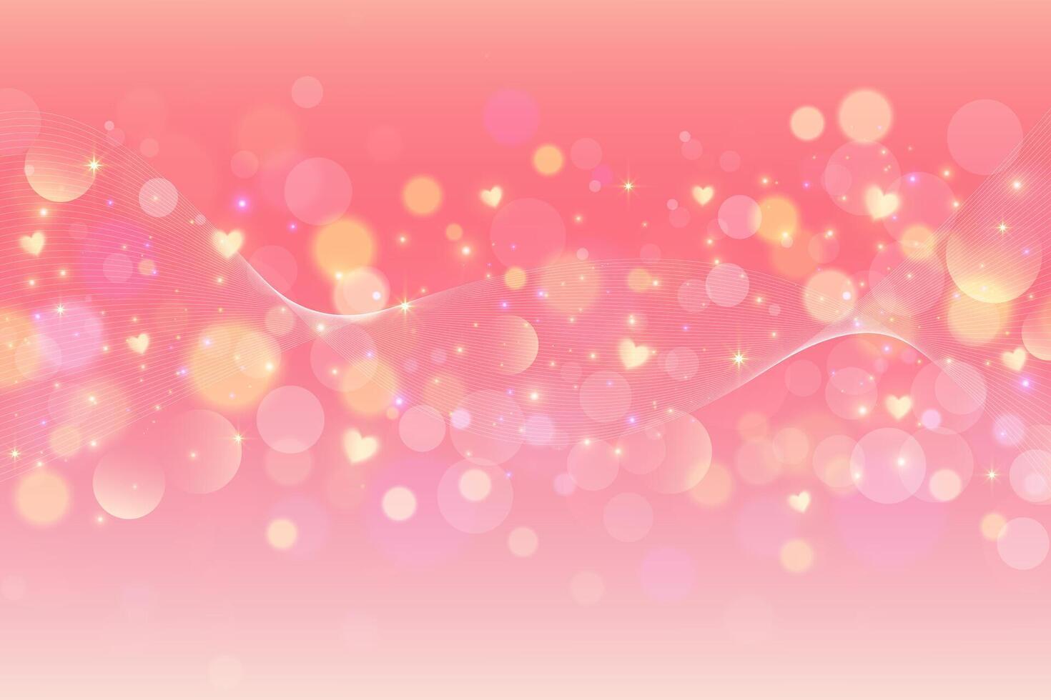 Pink background with lovely cute hearts and pattern of bokeh. Light pastel fantasy gradient sky with magic stars. Valentine Day blurred girly wallpaper. Dreamy glowing backdrop with fairy sparkles vector