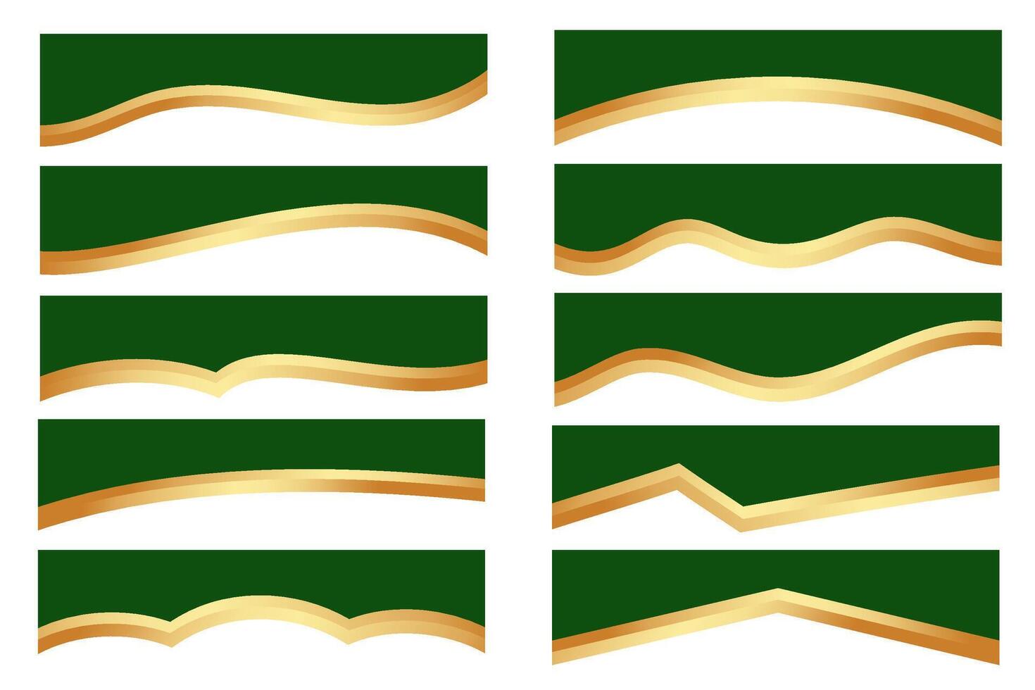 Border shapes for banner design. Green header sections with golden lines. Abstract bottom background for web page. Curved divider templates. Wavy horizontal separator set. vector