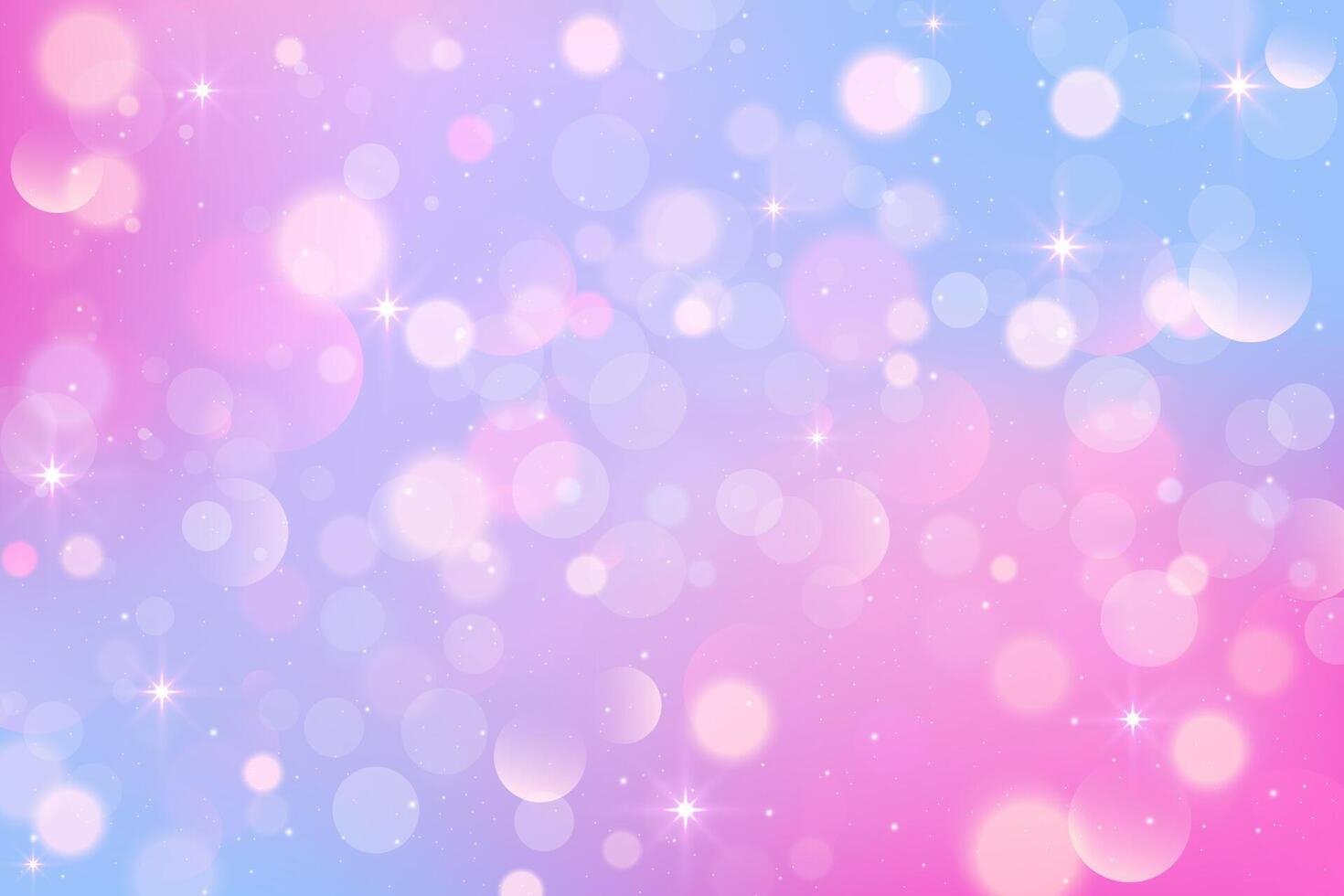 Rainbow unicorn background with stars pattern. Pink and purple cute sky with sparkles. Fantasy pastel magic blurred wallpaper with bokeh and glitter. Abstract holographic fairy space. vector