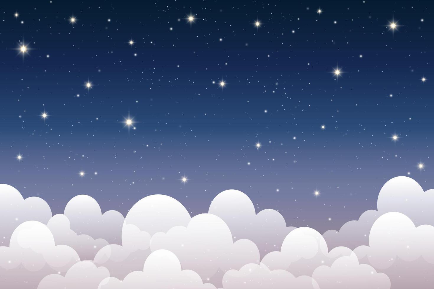 Dark night sky with glowing clouds shining stars and constellations. Blue gradient background depicts a magical cosmos, celestial nebula patterns, and astrology-inspired fantasy illustration. vector