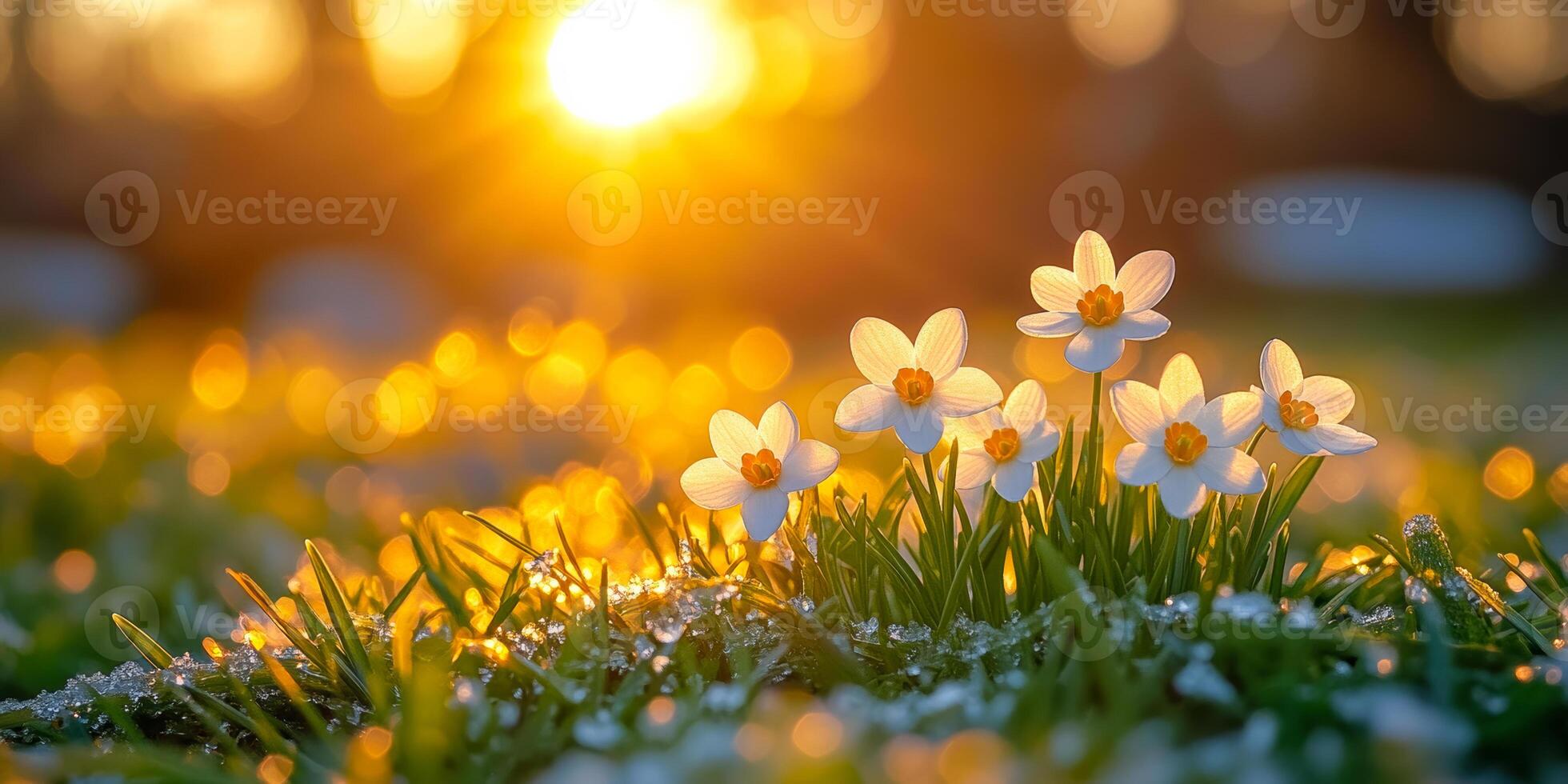 A field of white flowers with a bright sun in the background. The sun is shining on the flowers, making them look even more beautiful. The scene is peaceful and serene, with the sun photo
