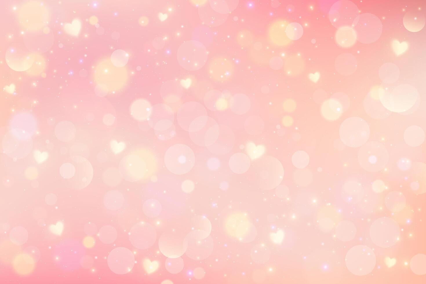 Lovely pink background with hearts and bokeh. Cute romantic sky with light glitter and sparkles. Abstract pastel Valentine Day blurred wallpaper. Girly fairy fantasy backdrop. vector