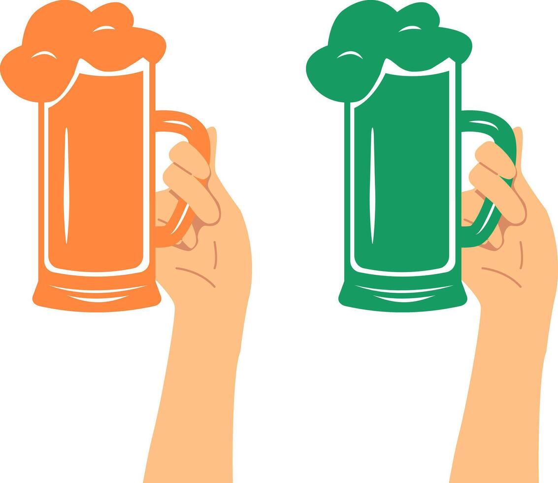 Set of hands holding a beer glass in cartoon style. Celebrating Saint Patrick's Day. vector