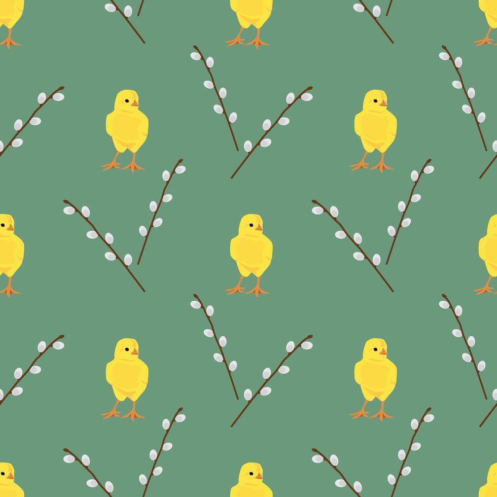 Seamless pattern of cute little chick and willow branches with furry willow-catkins . Easily changeable background color vector
