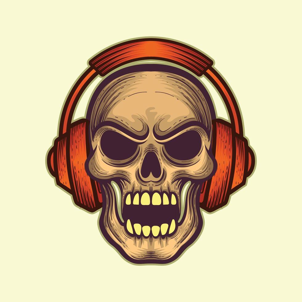 Front view angry skull with head phone design vector