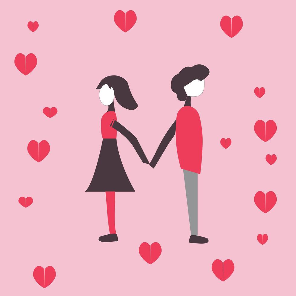 couple holding hands and standing in front of hearts vector