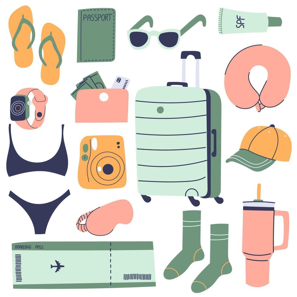 set of travel featuring essential items for a trip. Tourists objects bundle, suitcases, bags, bikini, money,hat. vector