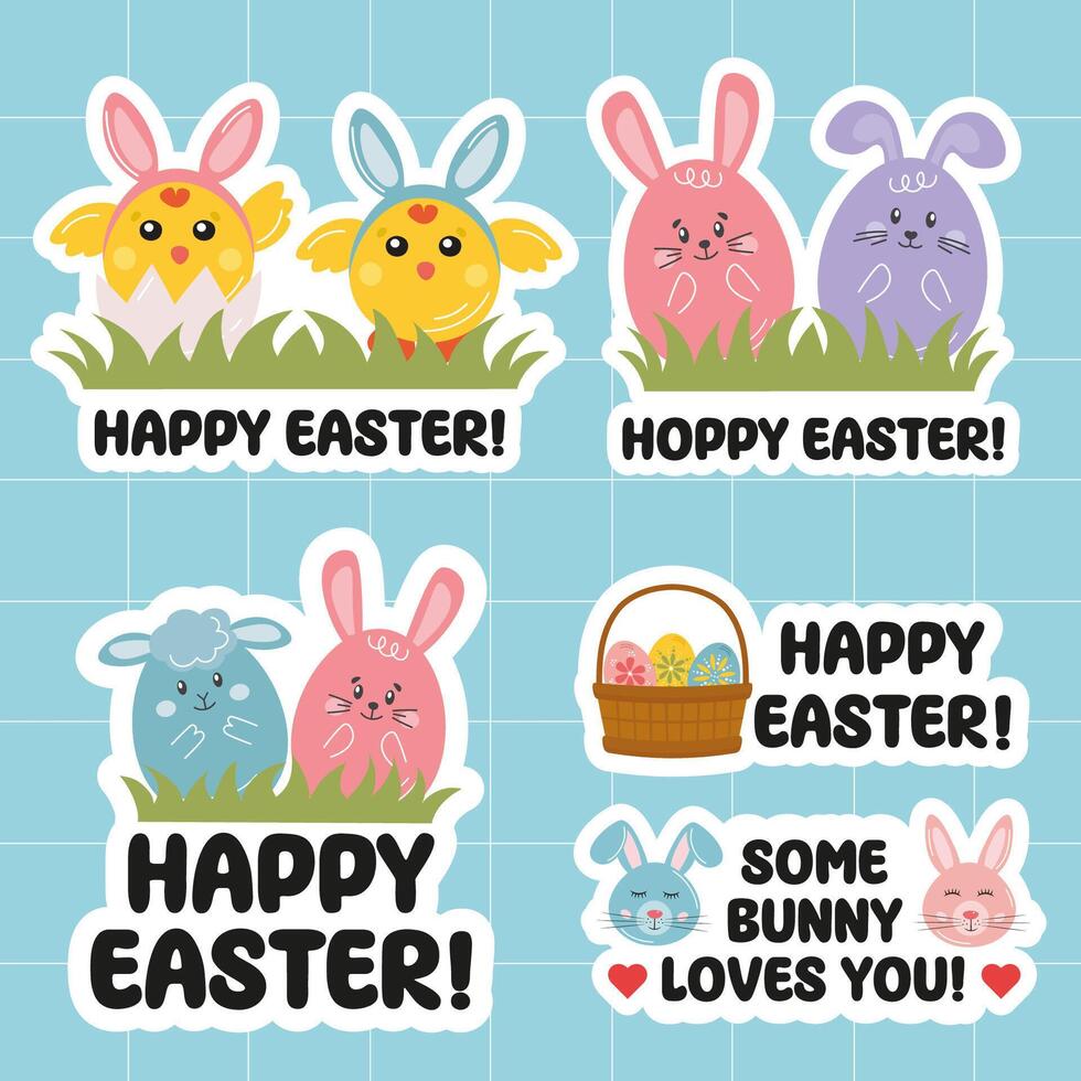 Easter stickers. Cute Happy Easter sticker collection with greetings, rabbit, bunny, chicken, basket with painted eggs in cartoon style. Easter typography messages. vector