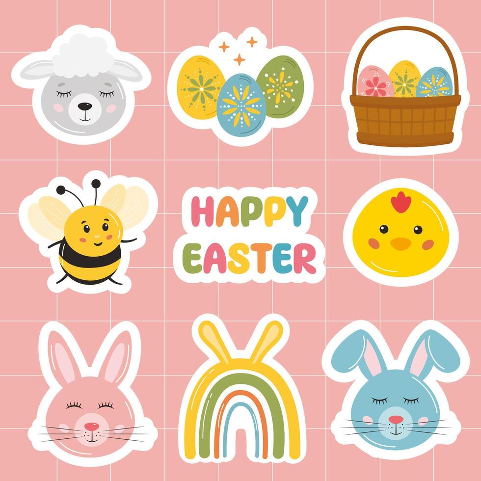 Easter sticker bundle with bunny, egg, spring flowers. Easter holiday design elements set. Happy Easter typography message with festive rabbit, bunny eggs, basket, bee, rainbow in cute childish style. vector