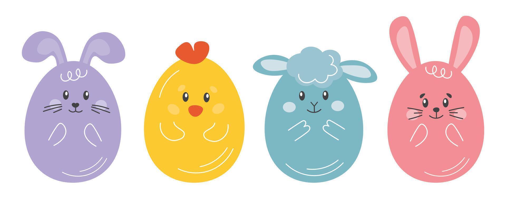 Easter eggs characters, bunny, sheep, chicken. Easter symbols, cute funny colored eggs isolated on white background. vector
