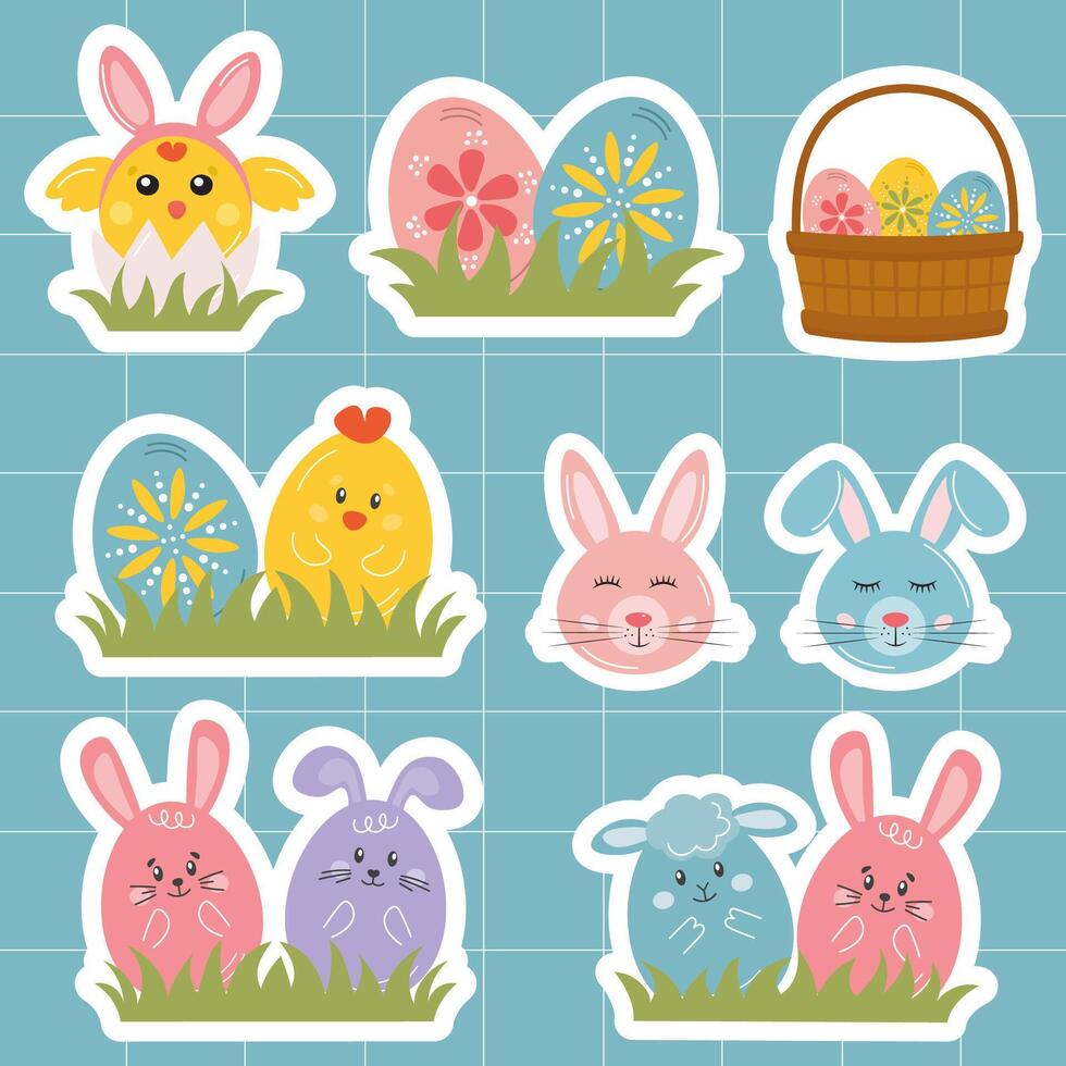 Easter sticker bundle with bunny, egg, spring flowers. Easter holiday design elements set. Happy Easter typography message with festive rabbit, eggs, basket, chicken, rainbow in cute childish style. vector