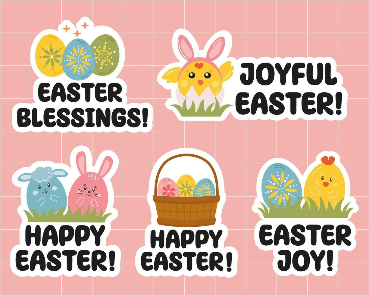 Easter stickers. Cute Happy Easter sticker collection with greetings, rabbit, bunny, chicken, basket with painted eggs in cartoon style. vector