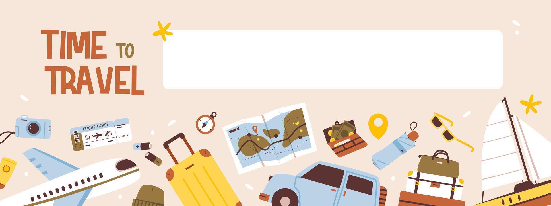 Flat banner featuring luggage, tickets, and a map. Vacation planning, tourism marketing, and adventure blogs. vector
